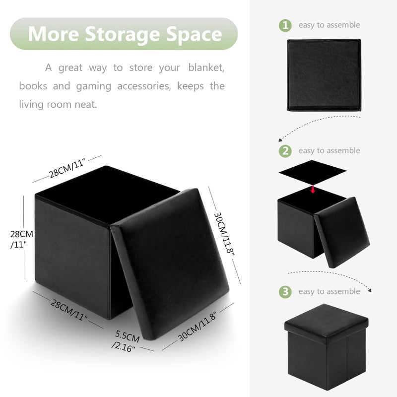 B FSOBEIIALEO Folding Storage Ottoman Cube with Faux Leather for Living Room, Bedroom, Home Office, Dorm Storage Footrest Black 11.8"x11.8"x11.8" - Image 3
